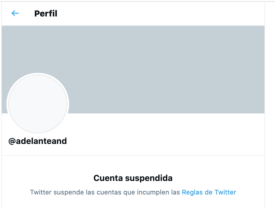 Captura de la cuenta de Adelante Andalucía, suspendida por Twitter.