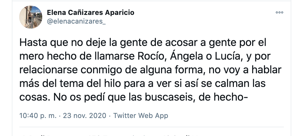 Un tuit de Elena Cañizares, tras la repercusión de su hilo.