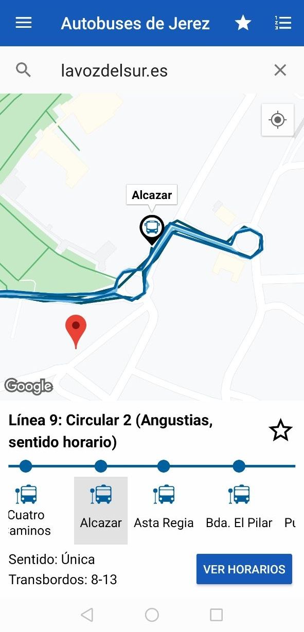 Una captura de la 'app' con la red de autobuses en torno a la redacción de lavozdelsur.es