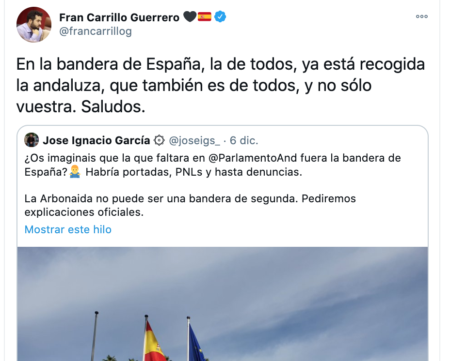 Mensaje de Francisco Carrillo, diputado andaluz de Ciudadanos, justificando la ausencia de la bandera andaluza.