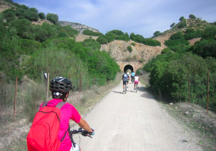 Ciclistas, por la Vía Verde de la Sierra, en una imagen retrospectiva. PINTEREST
