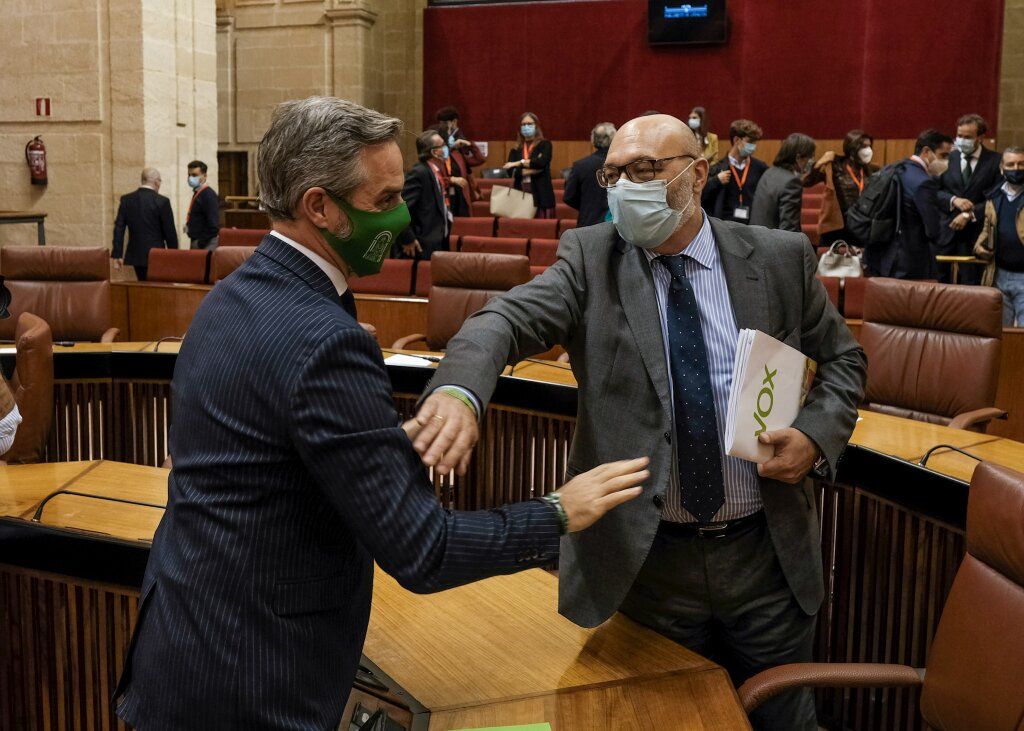 El consejero de Hacienda, Juan Bravo, saluda al portavoz de Vox en Andalucía, Alejandro Hernández, tras aprobarse el Presupuesto andaluz.