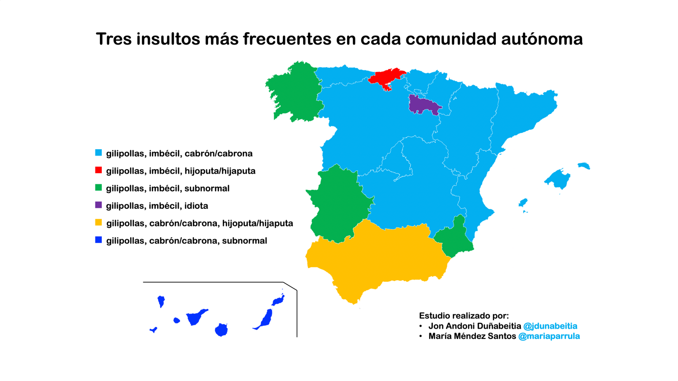 Mapa de los insultos más utilizados en España.