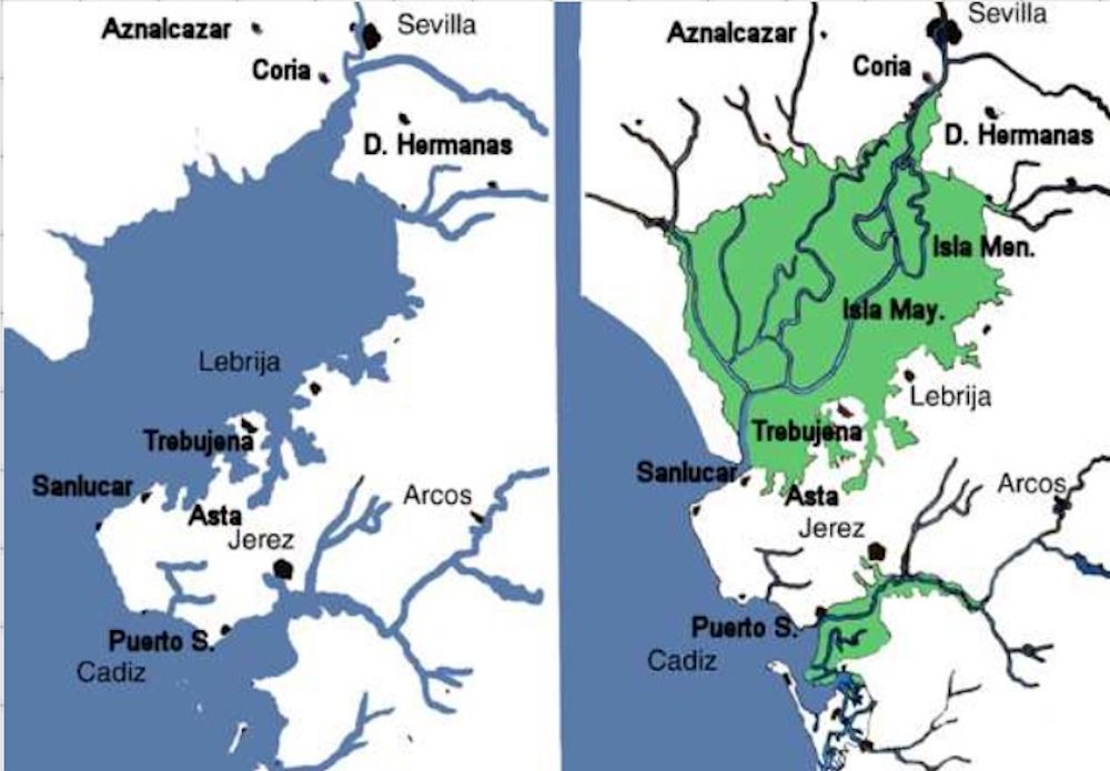 Evolución del Paleoestuario del Guadalquivir y Guadalete desde 6.000 a.C hasta la actualidad.