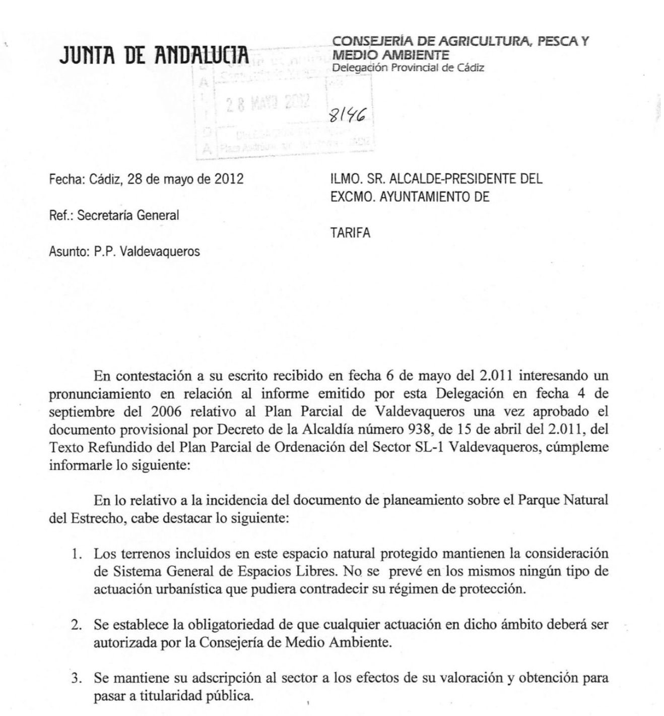 Fragmento del informe de la Junta en el que autorizaba las edificaciones en Valdevaqueros.