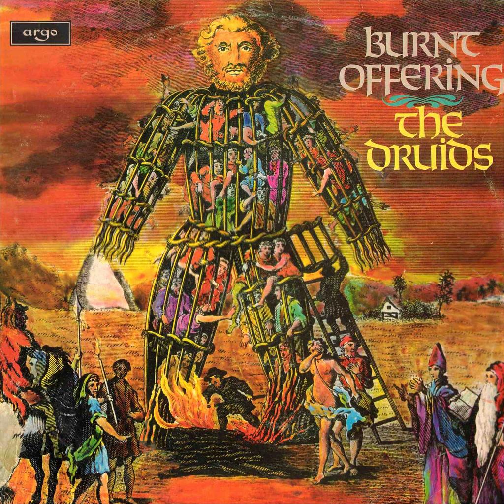 Portada de Burnt Offering (1970), de The Druids, que muestra un hombre de mimbre. 