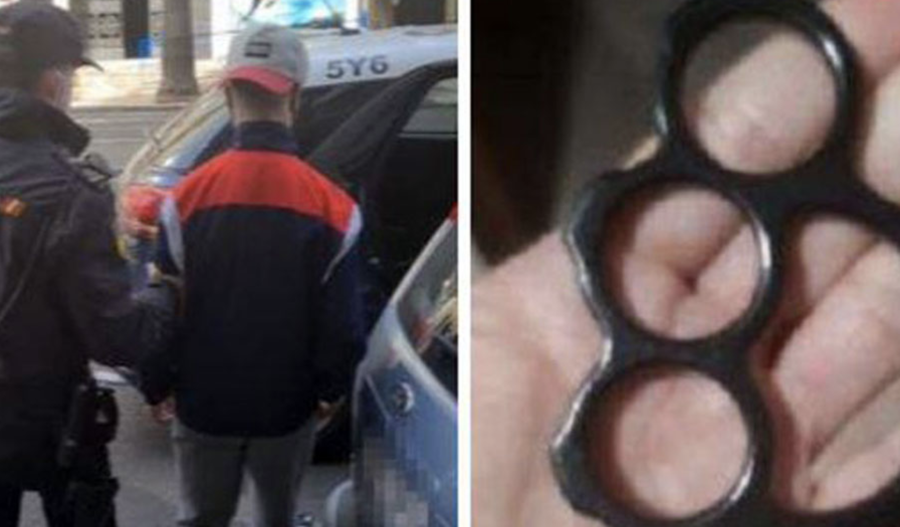 Uno de los detenidos por la brutal agresión y, a la derecha, el puño americano empleado para atacar al menor a la salida de su instituto en Málaga. CANAL SUR