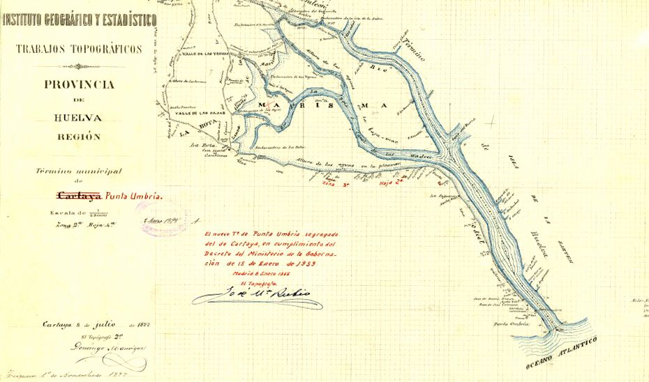 Mapa con los límites de los términos municipales de Huelva y Punta Umbría a finales del siglo XIX.