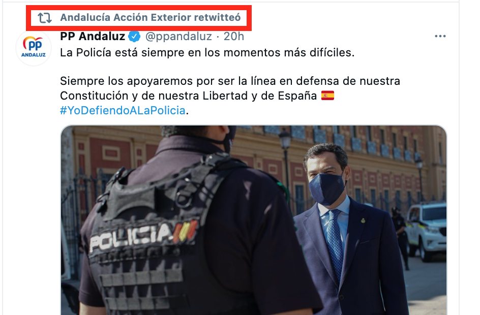 Mensaje del PP compartido por la secretaría general de Acción Exterior de la Junta de Andalucía.