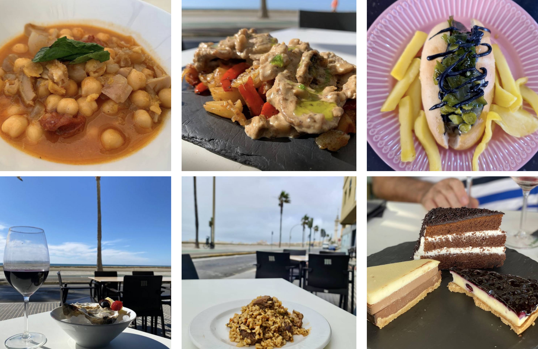 Algunos de los platos de La Oveja Negra, frente a la playa de Santa María del Mar en Cádiz.