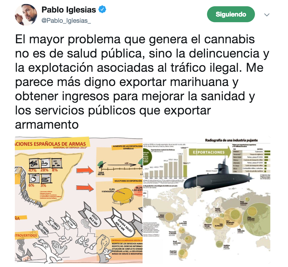 Uno de los tuits de Pablo Iglesias sobre la legalización de la marihuana.