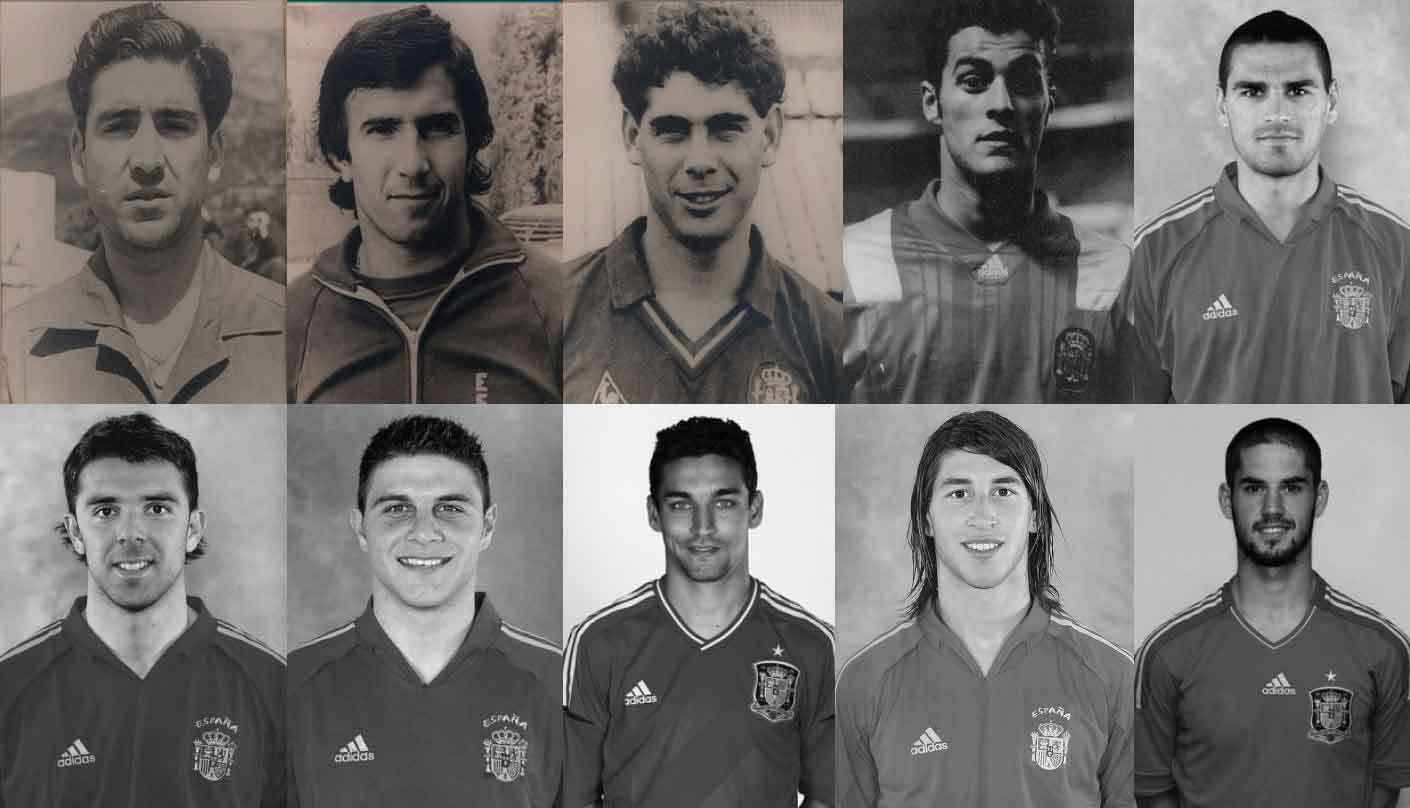 De izquierda a derecha y de arriba abajo: Antúnez, Juanito Gómez, Hierro, Kiko, Juanito Gutiérrez, Marchena, Joaquín, Navas, Sergio Ramos e Isco.