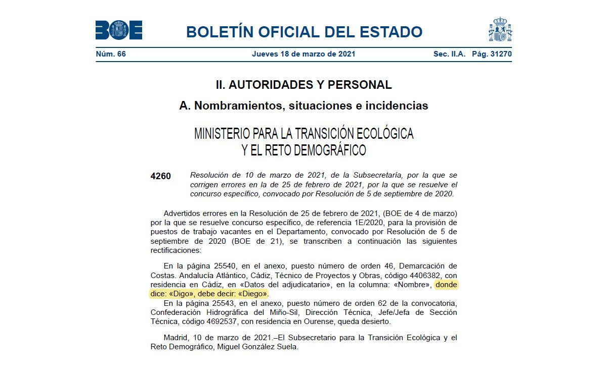El extracto del BOE con la corrección.