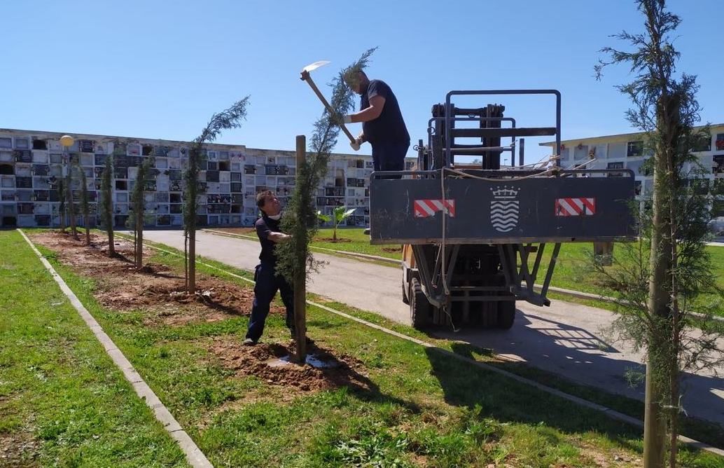Empleados de infraestructuras realizando tareas de mejoras en el Cementerio jerezano.