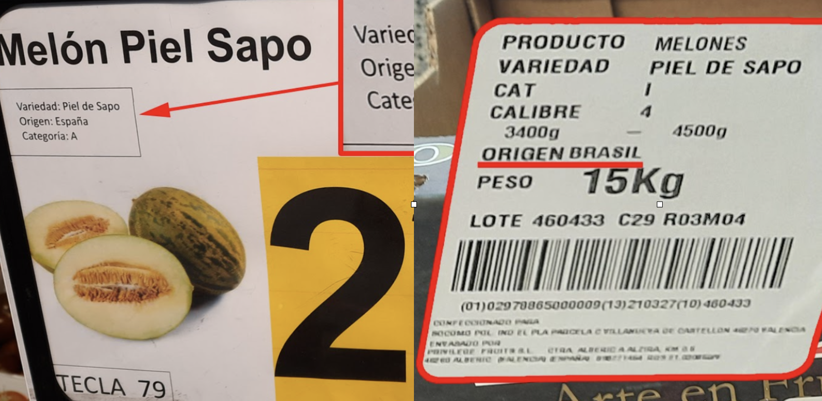 Denuncian que Carrefour vende melones brasileños como si fueran españoles.