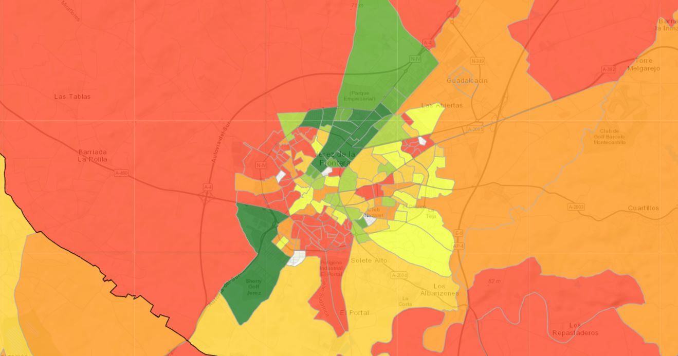 De rojo, los barrios con menos rentas, de verde, los que más. En amarillo y naranja, 'medias altas' y 'medias bajas' de Jerez, en una imagen del INE.