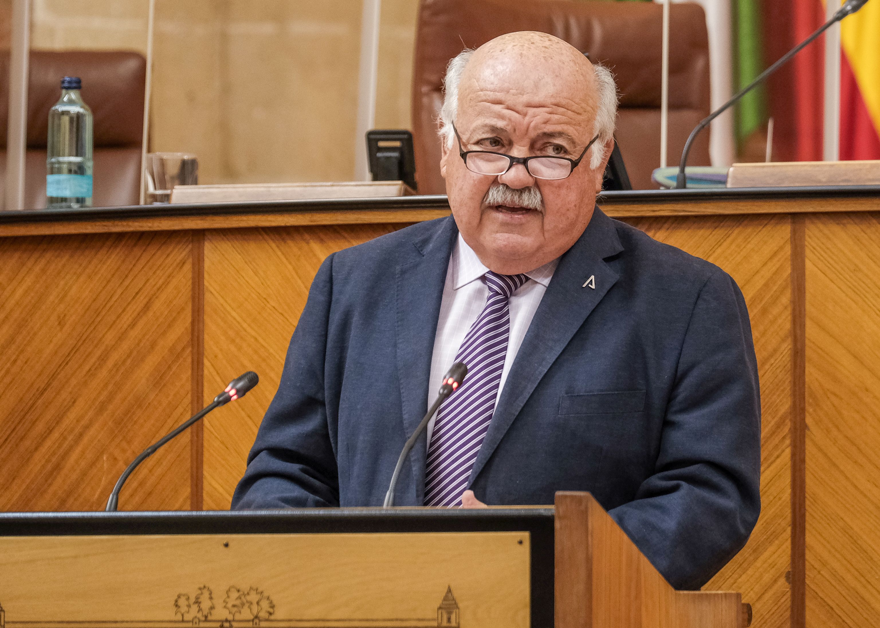 El consejero de Salud y Familias, Jesús Aguirre, compareciendo en el Parlamento andaluz.