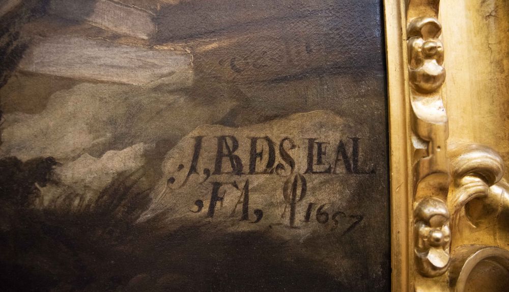 Firma de Valdés Leal en las 'Tentaciones de San Jerónimo' en una de las piedras más cercanas al santo.