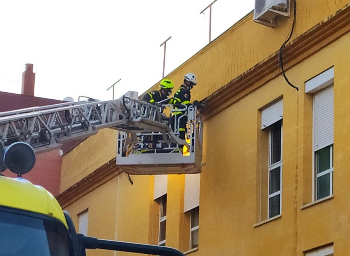 Bomberos durante la actuación tras el desprendimiento de una cornisa de un bloque de pisos de Jerez.