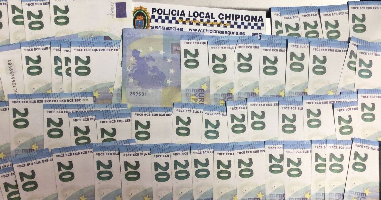 Billetes falsos incautados por la Policía Local de Chipiona.