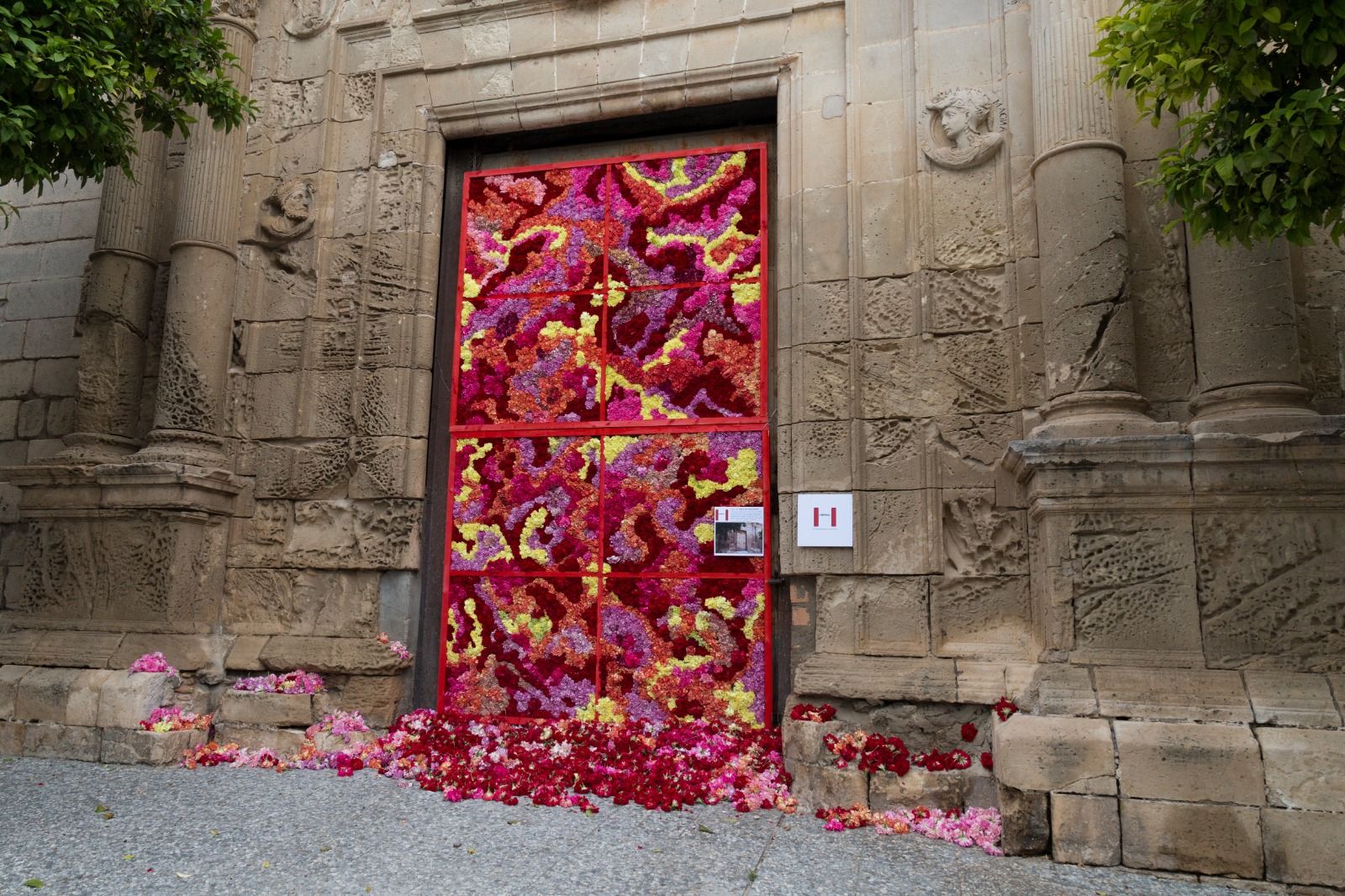 La puerta del palacio Riquelme, llena de claveles, en el intramuros de Jerez.