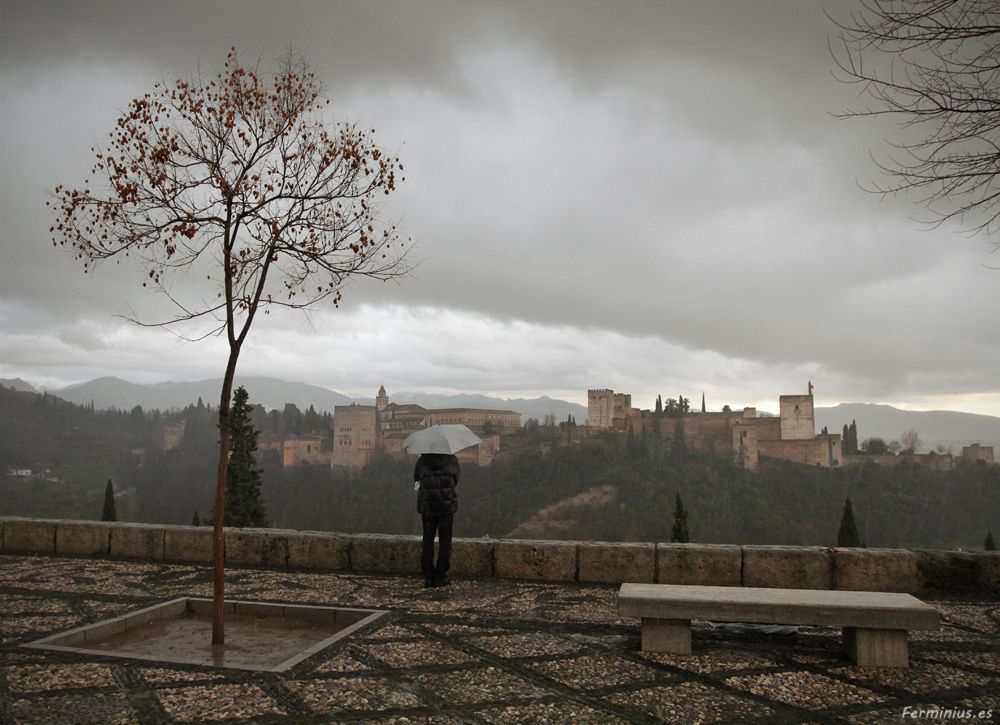 Una persona observando la Alhambra de Granada bajo un día lluvioso. FOTO: FERMÍN R.F. (FLICKR).