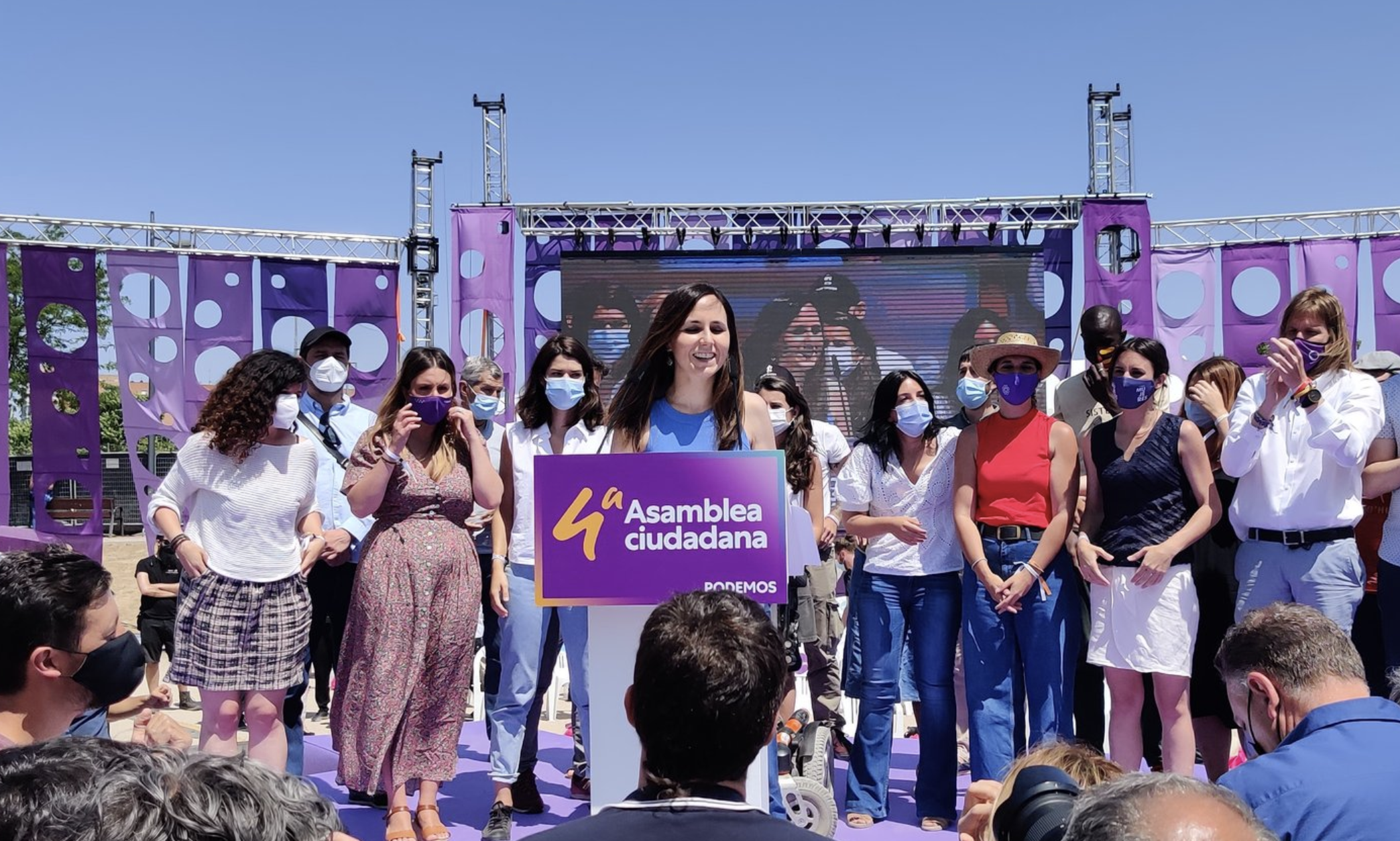 Belarra, sucesora de Iglesias, tras ser proclamada nueva secretaria general de Podemos, este domingo en Alcorcón.
