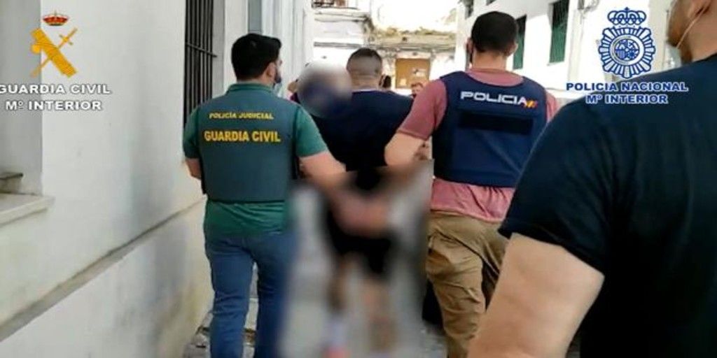 Policía Nacional y Guardia Civil, con uno de los detenidos del supuesto grupo criminal.