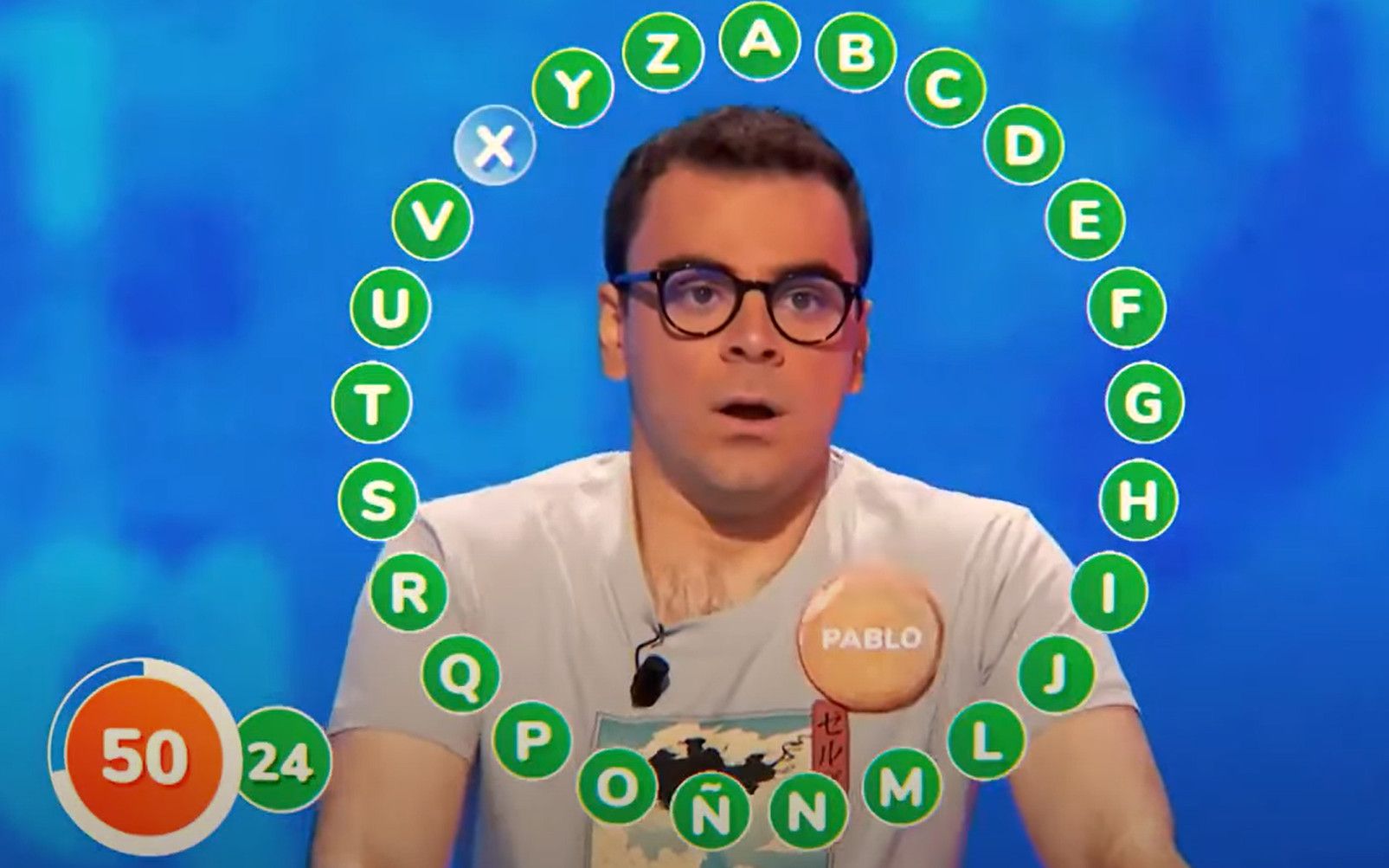 Con la X, y 50 segundos por delante... Así se quedó Pablo en Pasapalabra con la respuesta del bote.