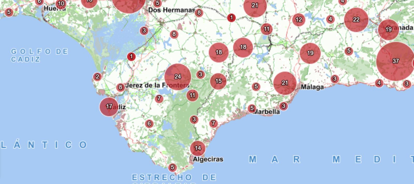 El mapa de fosas en Andalucía.