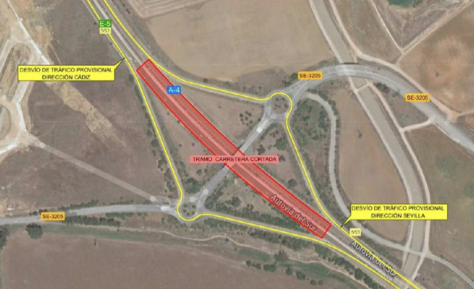 Afecciones al tráfico nocturno en la A-4 en Dos Hermanas en la provincia de Sevilla. MINISTERIO DE FOMENTO.