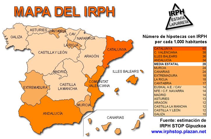 Mapa con una estimación de hipotecas con IRPH por provincias. FOTO: ERREBOST