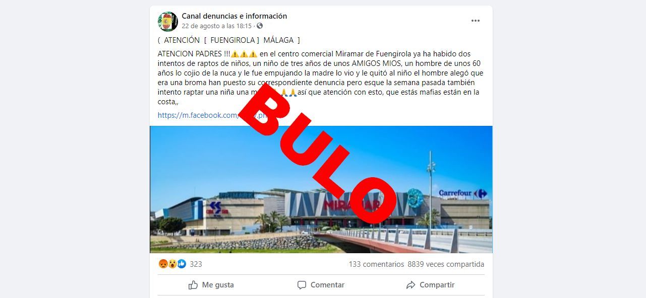 El bulo del rapto de niños en un centro comercial de Fuengirola sigue circulando por Facebook