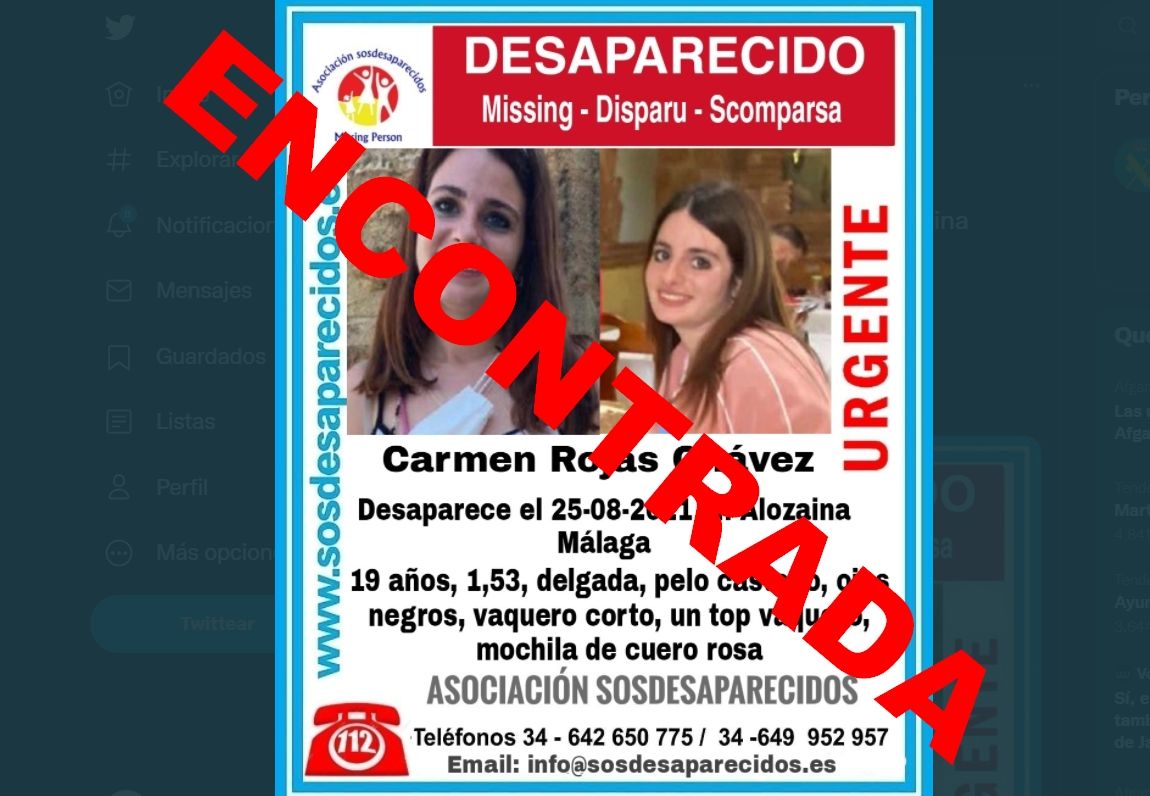 Encuentran a la joven Carmen Rojas, una joven de 19 años desaparecida en Alozaina, Málaga.