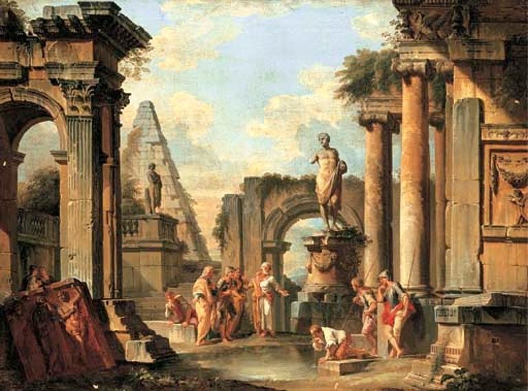 Giovanni Paolo Panini, 'Un capricho de ruinas clásicas con Diógenes tirando su copa" [cuando se dio cuenta de que podía beber con las manos] (1729)