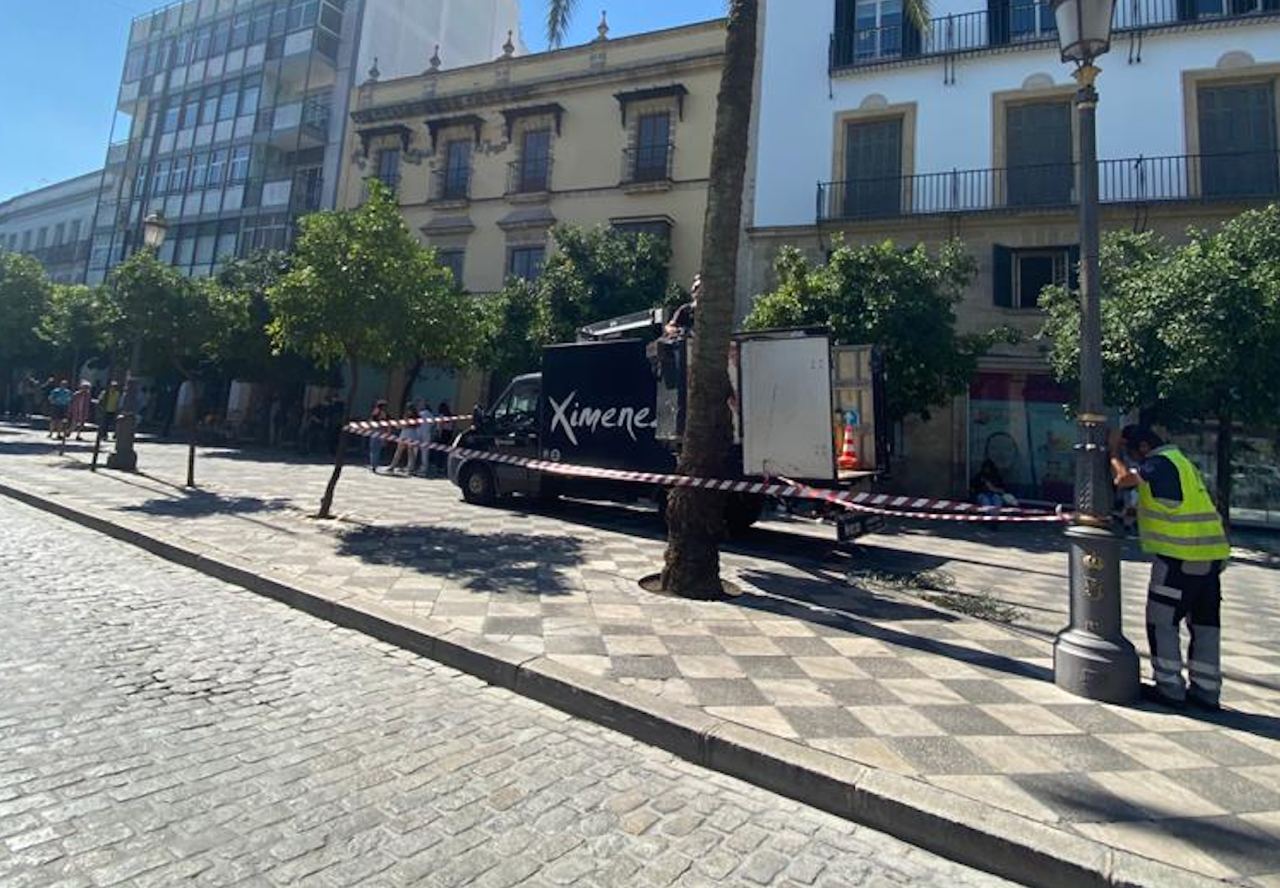 Montaje del alumbrado navideño en el centro de Jerez.    MANU GARCÍA 