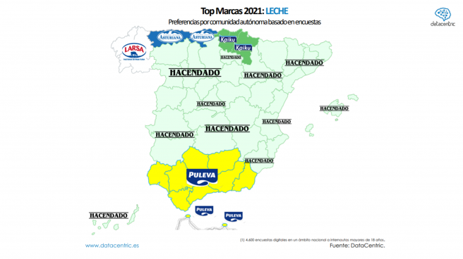 Mapa de las marcas de leche favoritas en cada región de España.   DATACLINIC.