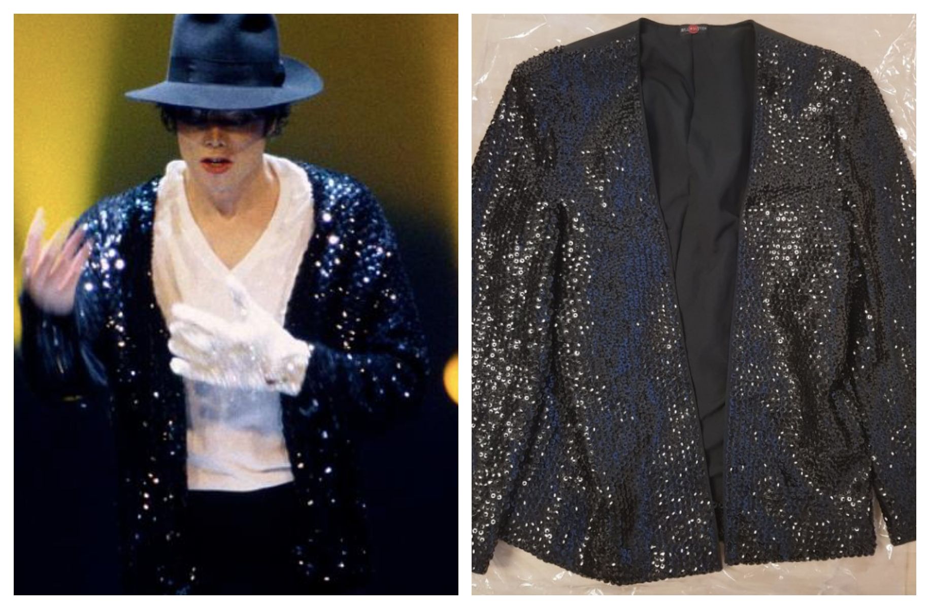 Michael Jackson durante u gira en 1992 y la chaqueta original del cantante a la venta. 