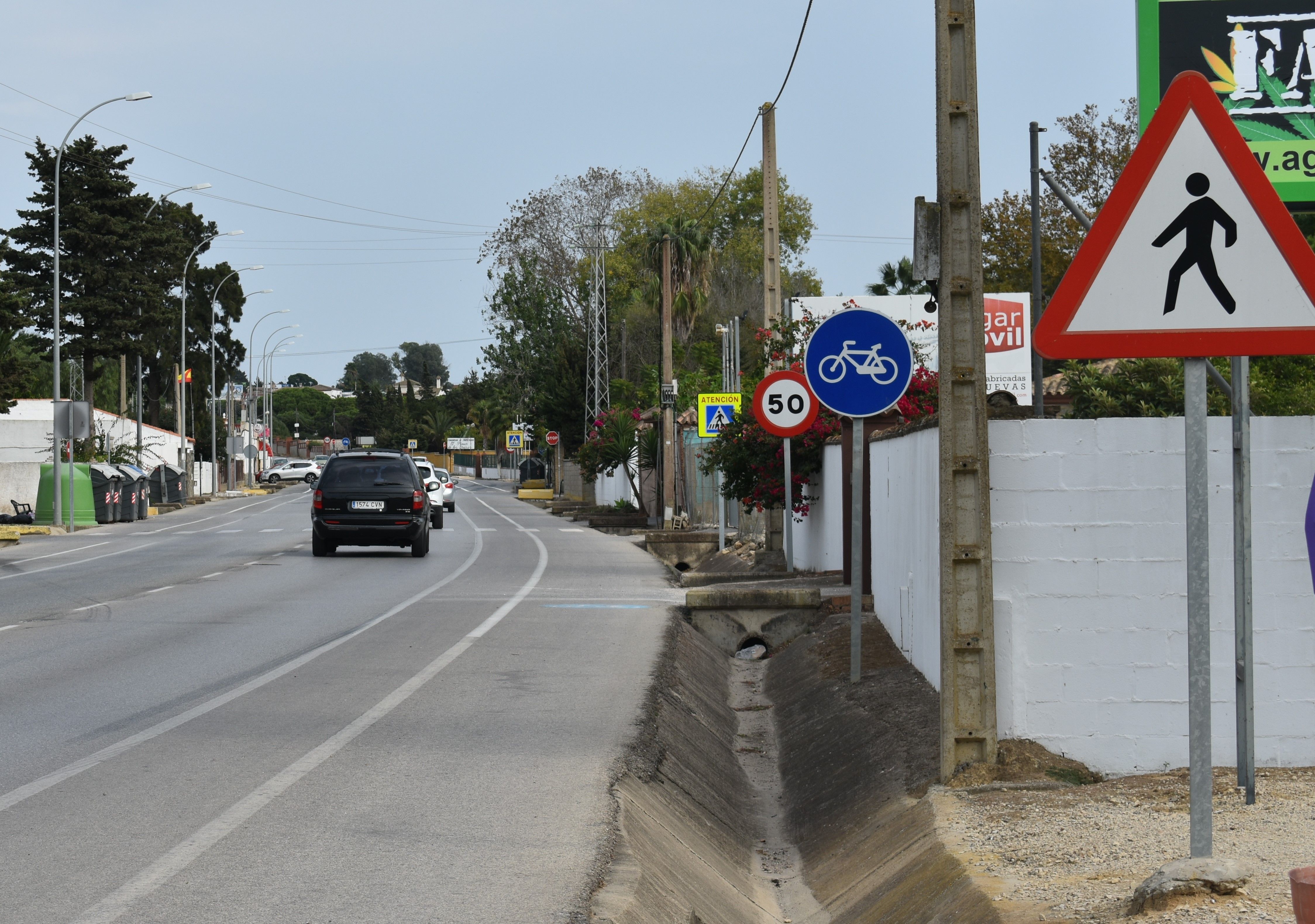 Carretera de acceso a las urbanzaciones existentes en la zona de la Rana Verde de Chiclana de la Frontera.