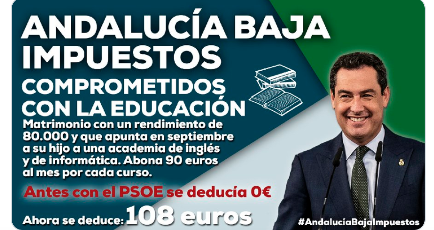 Imagen compartida por el PP de Andalucía en redes sociales anunciando una bajada de impuestos para familias que ingresan 80.000 euros al año.
