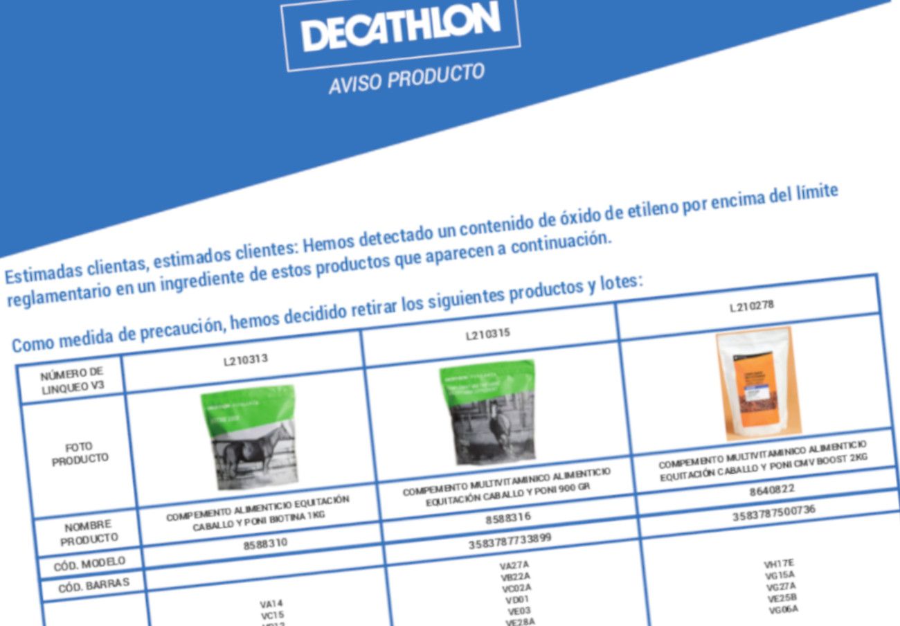 La comida de caballo retirada por Decathlon por contener óxido de etileno.