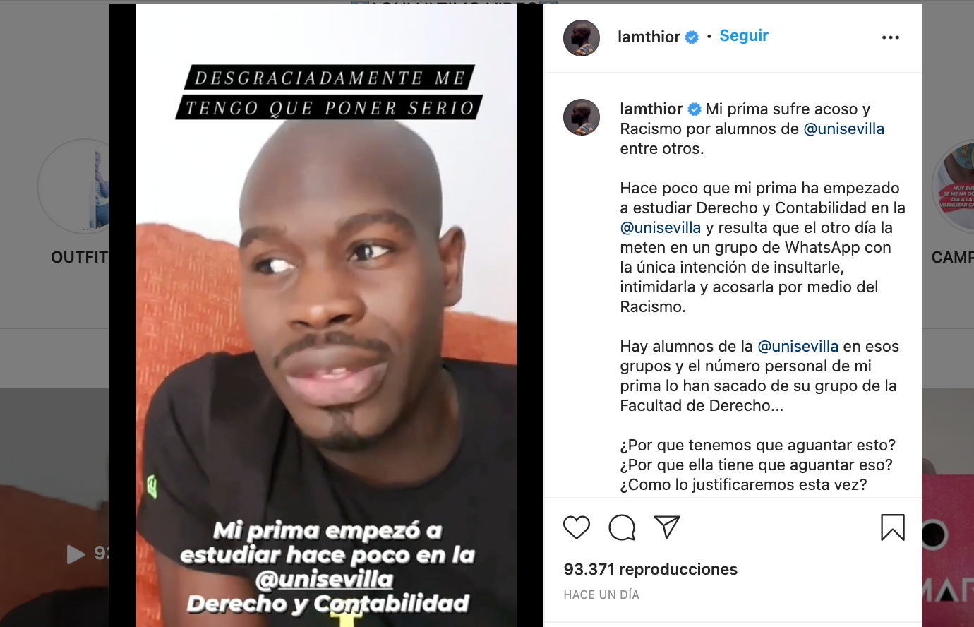 El actor Lamine Thior denuncia el racismo que vive su prima en la Universidad de Sevilla a través de grupos de WhatsApp.