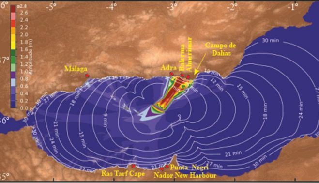 Modelo de propagación del tsunami y áreas del litoral que se verían afectadas. ICM