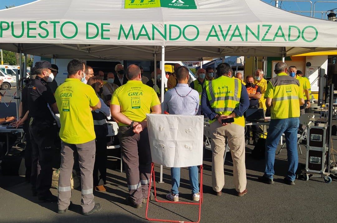 Puesto de Mando Avanzado (PMA) en Aljaraque (Huelva), donde ha tenido lugar el simulacro.