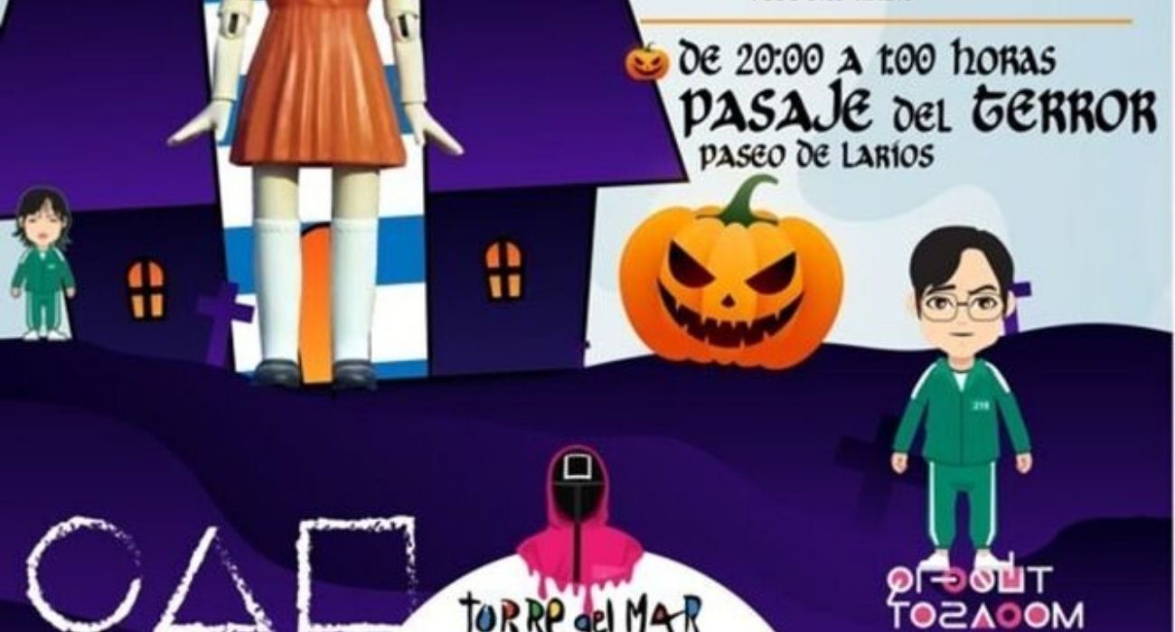 El polémico cartel del pasaje del terror con personajes de la serie 'El juego del calamar'.