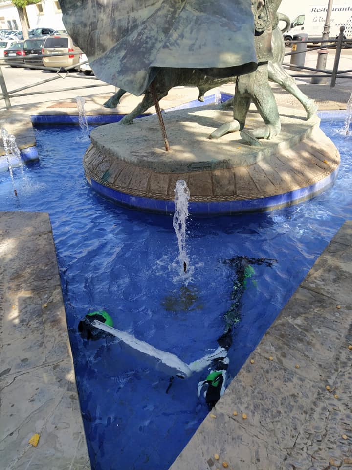 Patinete hundido en la fuente. 