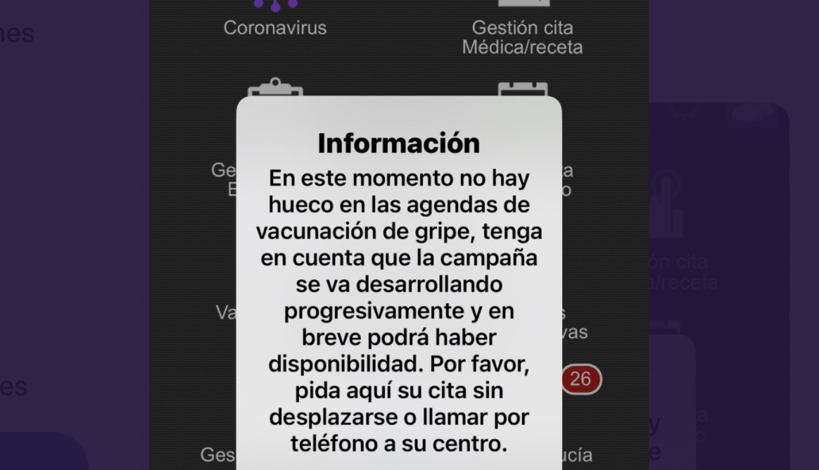 Mensaje en Click Salud, del SAS, ante la escasez de vacunas contra la gripe en Andalucía.