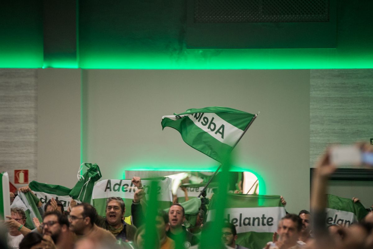 Una persona ondeando la verdiblanca con la insignia de la confluencia Adelante Andalucía durante un mitin celebrado en Jerez. FOTO: MANU GARCÍA. 
