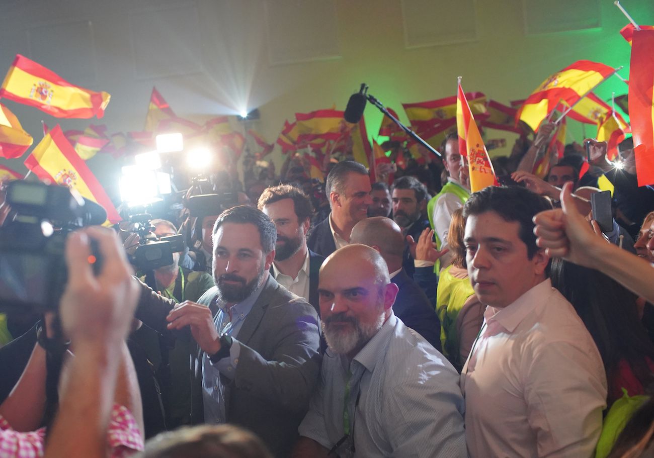 El líder de Vox, Santiago Abascal, la noche electoral del 2D. FOTO: JUAN CARLOS TORO