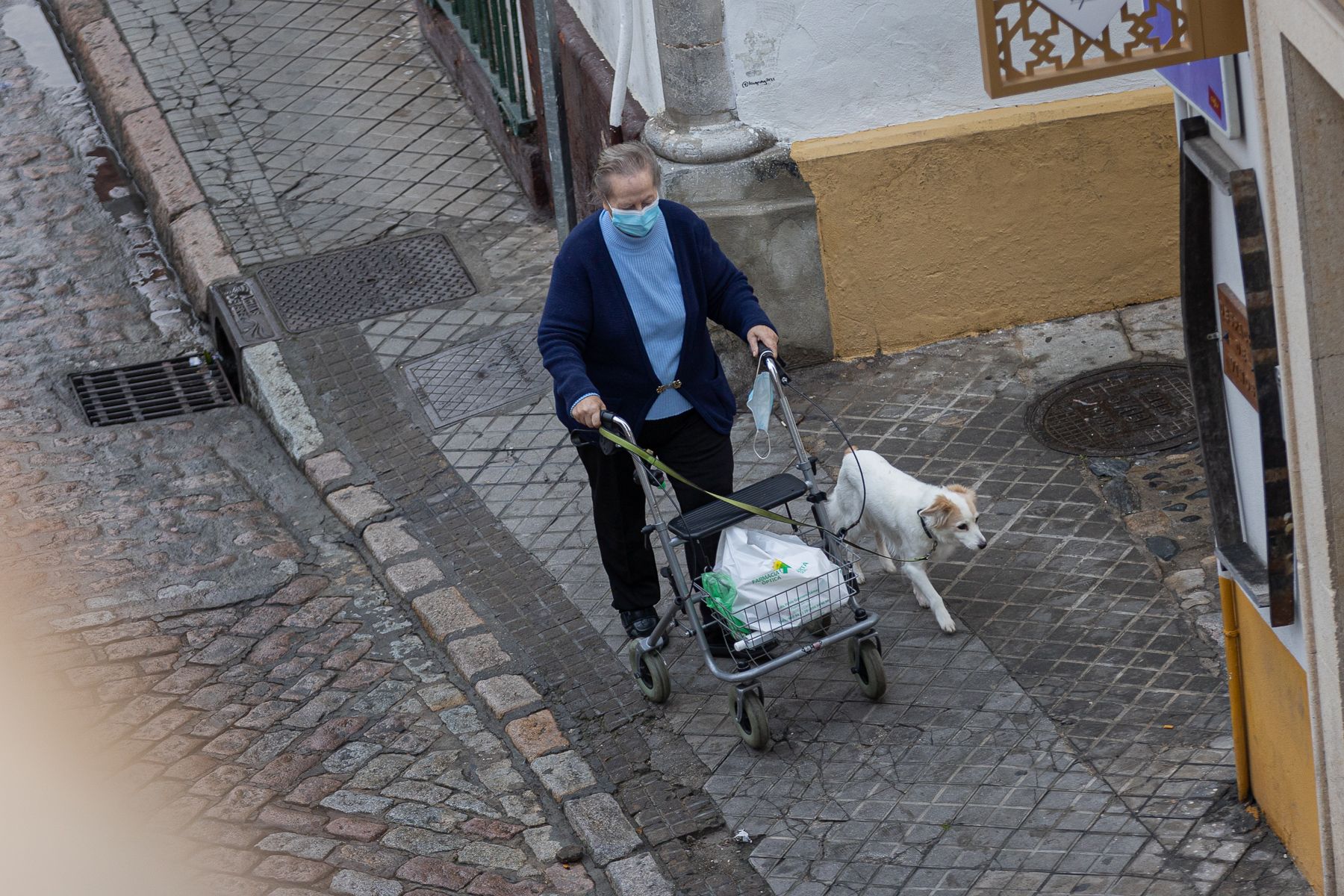 Una señora mayor pasea a su perro, con la mascarilla obligatoria en exteriores, en una imagen reciente.